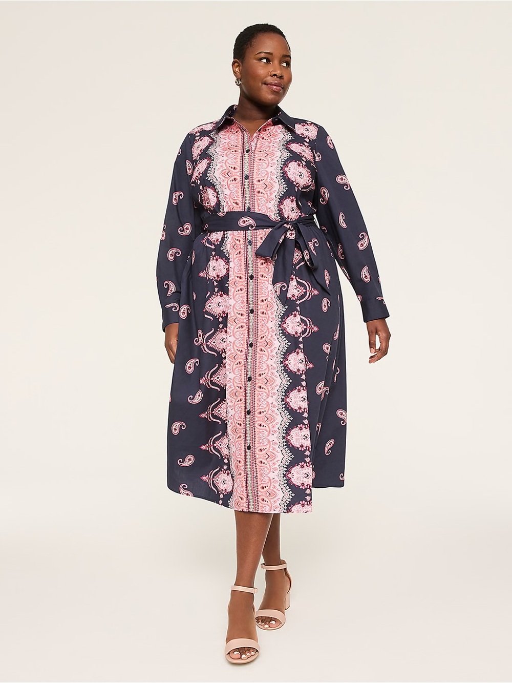 Lane Bryant | Long-Sleeve Midi Shirt Dress Pink Toile Print